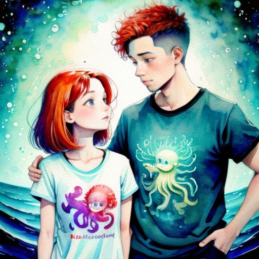 a painting of a couple standing next to each other in front of a blue background with an octopus on it