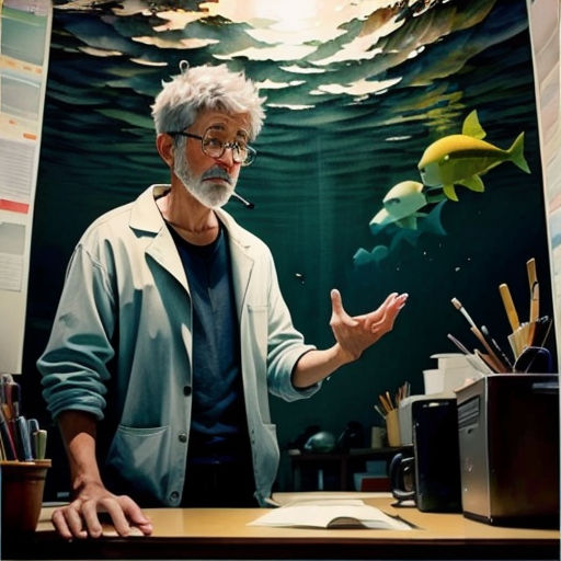 a man standing in front of a painting of a fish and a man with a cigarette in his mouth