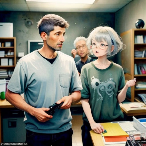 a man and a woman standing in a room with a computer on a desk and a man holding a remote control