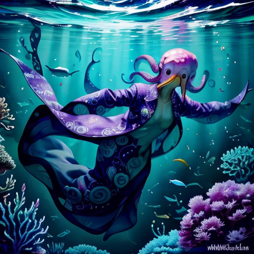 an octopus is swimming in the ocean with a purple dress on it's back and a fish in its mouth