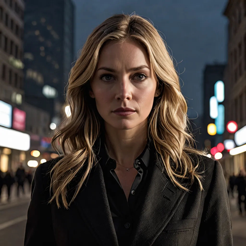 a woman in a black suit standing on a street at night with a city in the background and a lot of people walking around, serial art, a character portrait, Constance Gordon-Cumming, promotional image