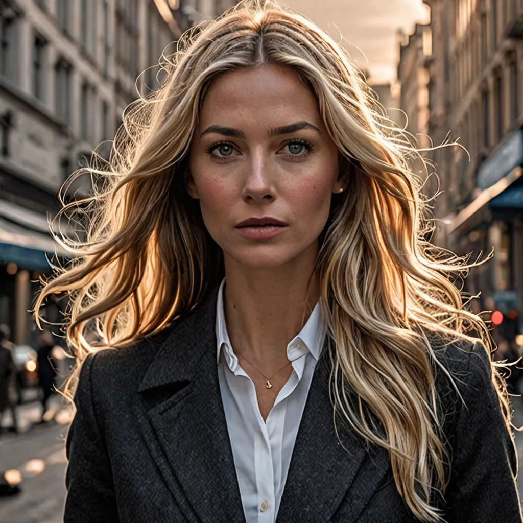 a woman in a suit is walking down the street with a cell phone in her hand and a man in a suit is walking behind her, hyperrealism, a character portrait, Christian Hilfgott Brand, promotional image