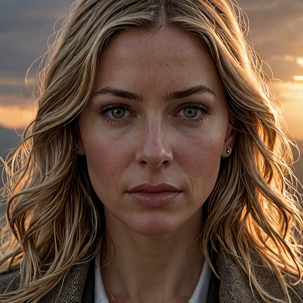 a woman with a jacket and a tie on standing in front of a sunset with clouds and a sky, serial art, a character portrait, Constance Gordon-Cumming, promotional image