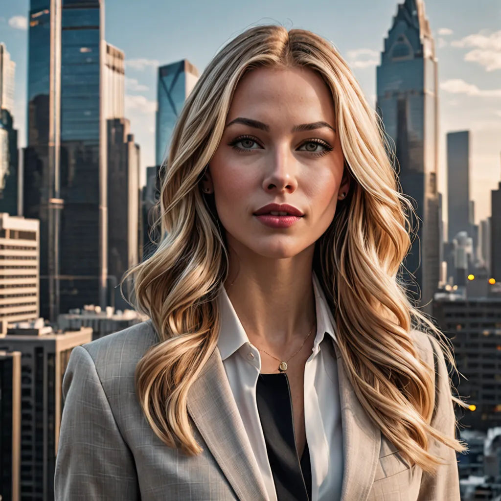 a woman in a suit standing in front of a city skyline with skyscrapers in the background, wearing a black tie, neoism, a character portrait, Christian Hilfgott Brand, promotional image