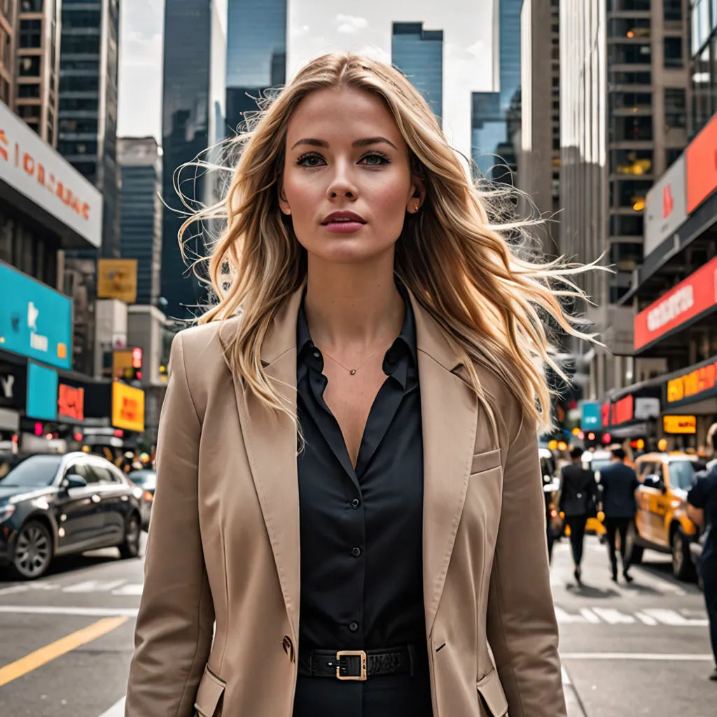 a woman in a tan jacket is walking down the street in a city with tall buildings and cars on the street, figurativism, a stock photo, Anna Katharina Block, promotional image