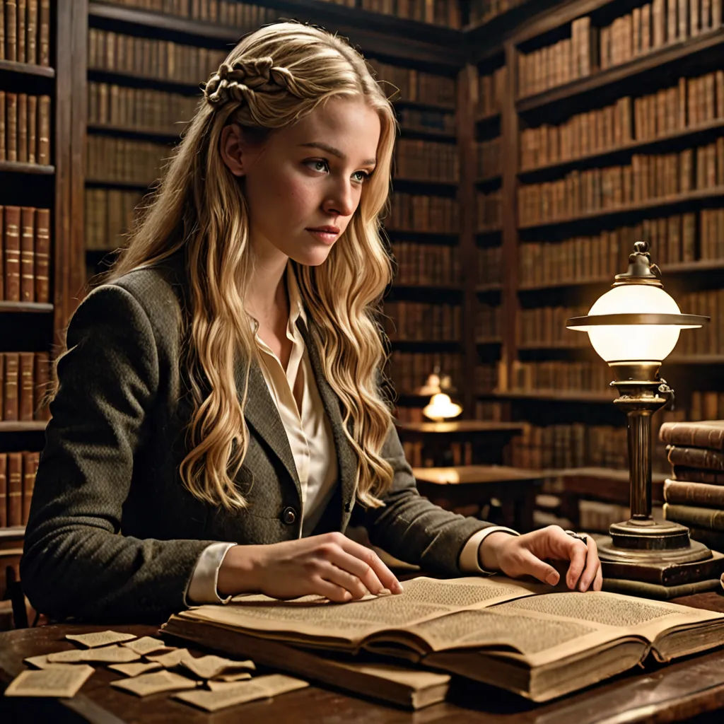 a woman sitting at a table in a library with a book open and a lamp on the side of the table, neoclassicism, a character portrait, Dirk Crabeth, promotional image