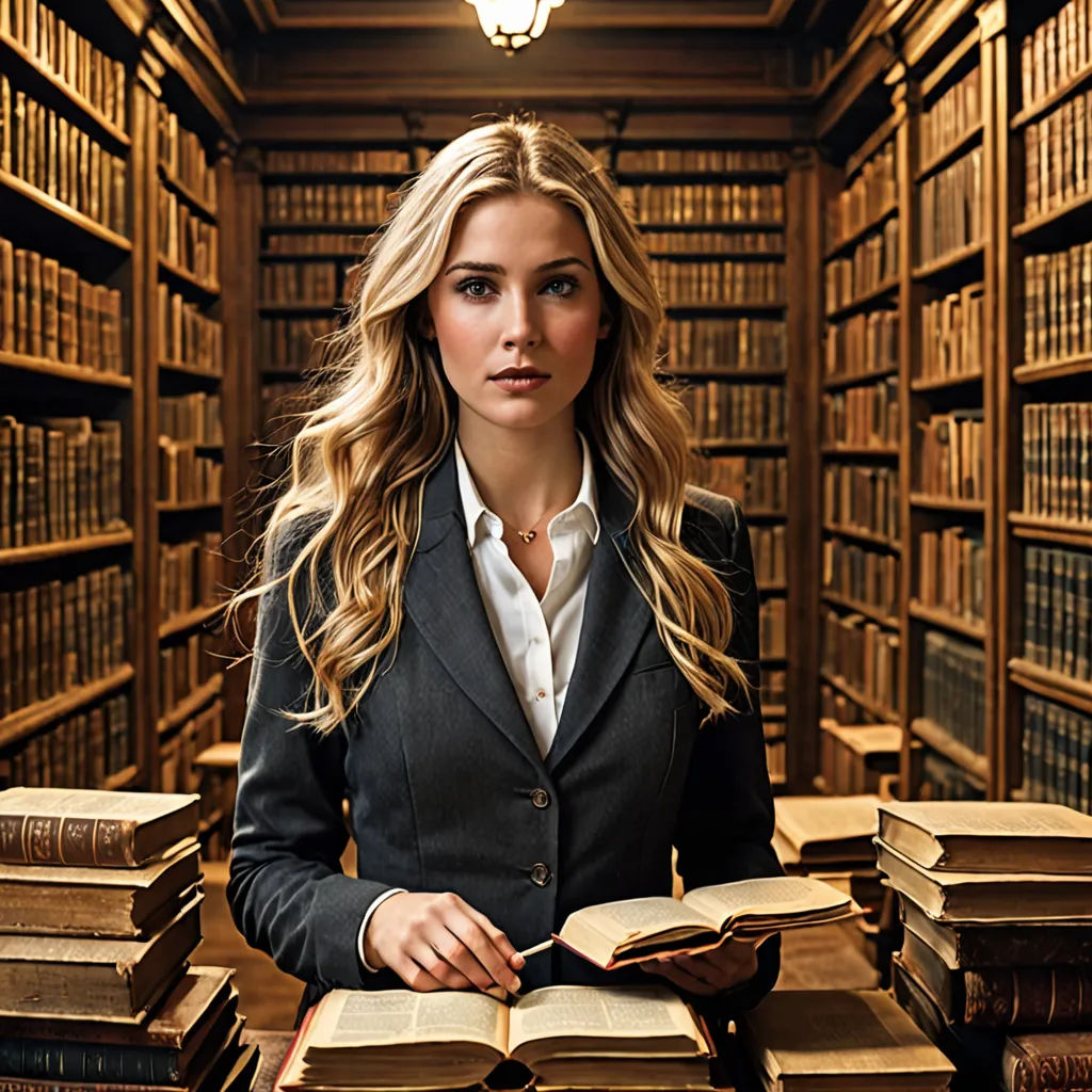 a woman in a library with a lot of books on the table and a light bulb above her head, academic art, a stock photo, Artur Tarnowski, promotional image