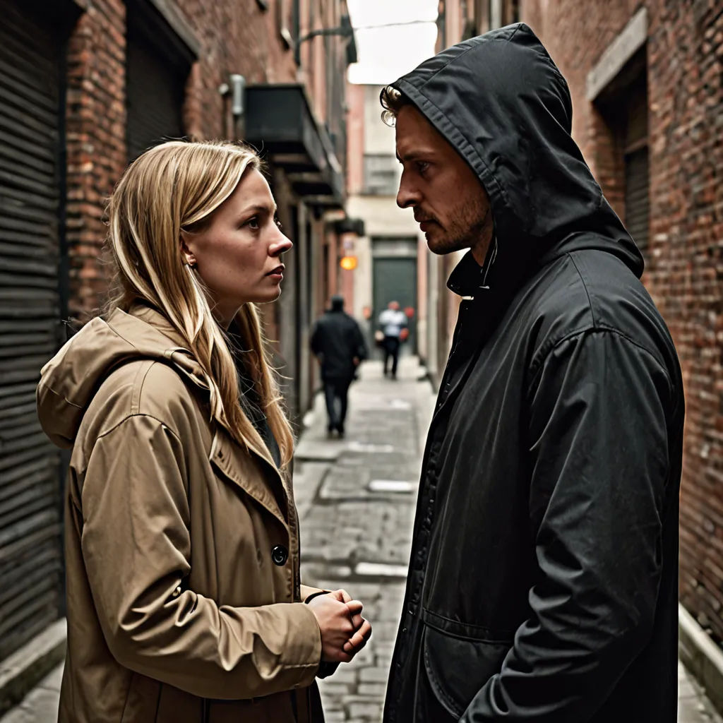 a man and a woman standing on a street corner talking to each other and looking at each other with a brick building in the background, international gothic, a poster, Armin Hansen, promotional image