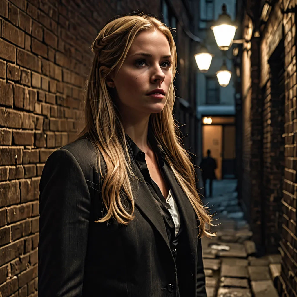 a woman standing in an alley way with a brick wall behind her and a lamp on the side of the street, aestheticism, a character portrait, Clarice Beckett, promotional image