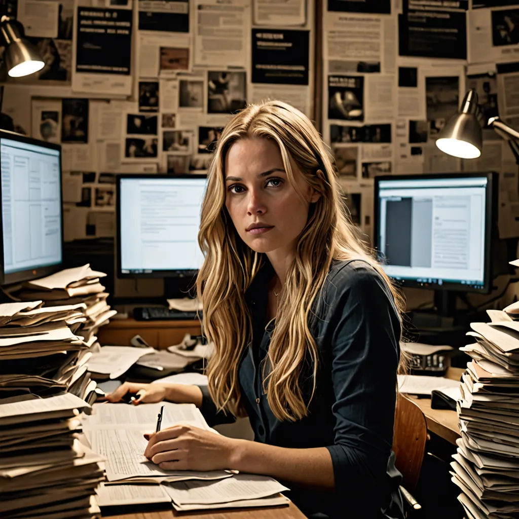 a woman sitting at a desk with a lot of papers on it and two computer monitors in the background, serial art, a poster, Bettina Heinen-Ayech, promotional image