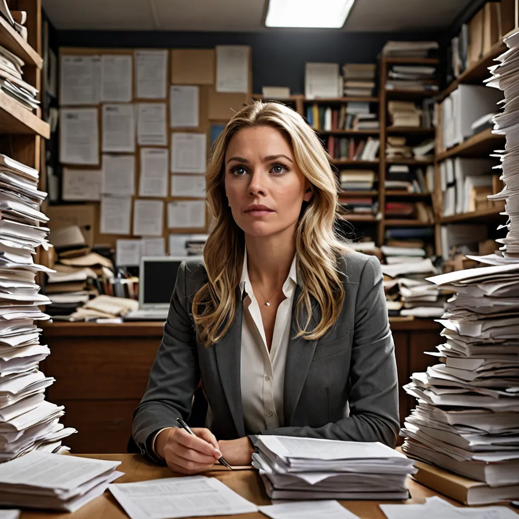 a woman sitting at a desk with stacks of papers and a pen in her hand and a lot of papers on the desk, private press, a character portrait, Claire Falkenstein, promotional image