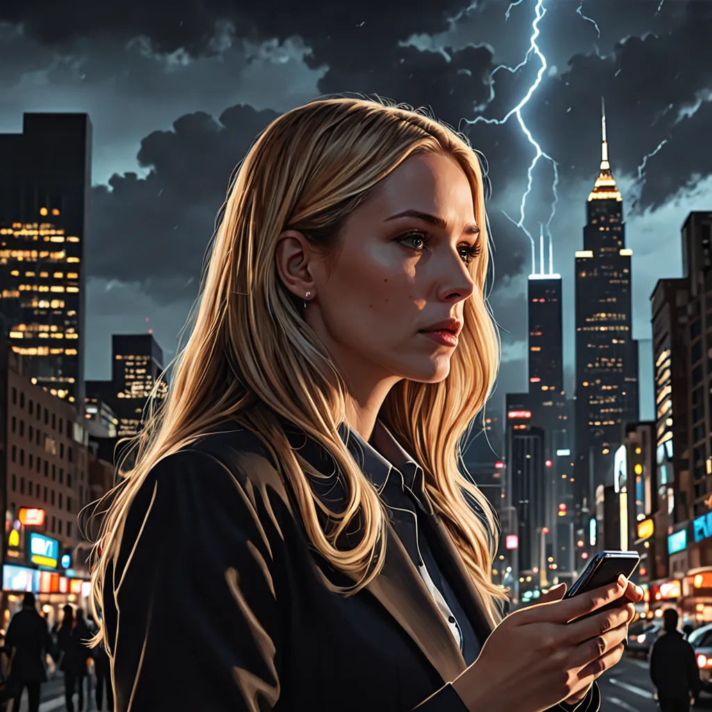 a woman standing in the middle of a city street looking at her cell phone while lightning strikes behind her, american scene painting, a hyperrealistic painting, Dan Mumford, dan mumford. octane render