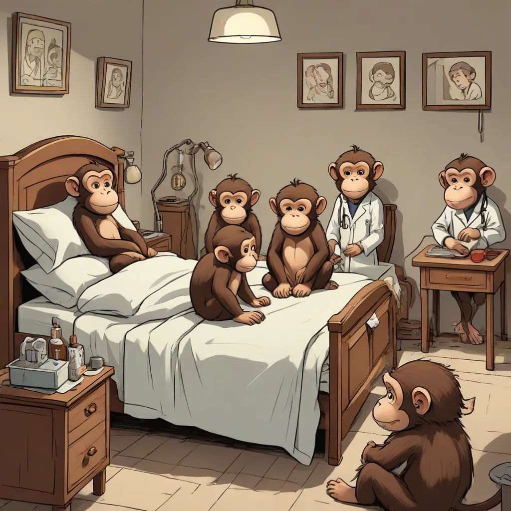 a group of monkeys sitting on top of a bed in a bedroom next to a doctor's office, a storybook illustration, Diego Gisbert Llorens, neoplasticism, furaffinity