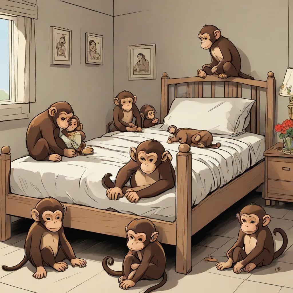 a group of monkeys sitting on a bed in a bedroom with a window and a dresser with a mirror, a storybook illustration, Diego Gisbert Llorens, furry art, furaffinity