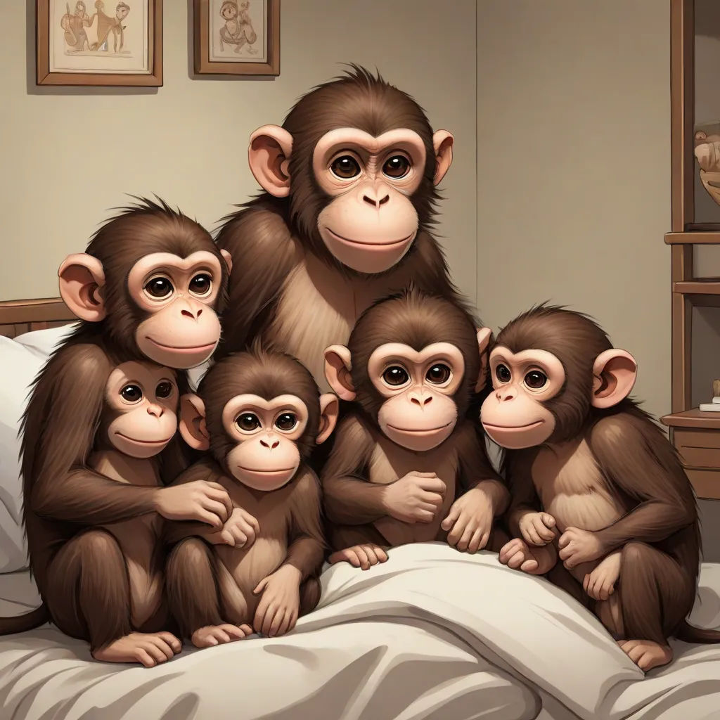 a group of monkeys sitting on a bed together in a room with pictures on the wall and a lamp, a storybook illustration, Alex Petruk APe, furry art, trending on furaffinity