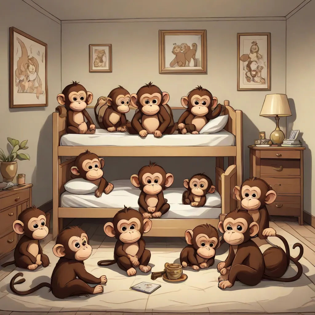 a bunch of monkeys sitting on a bed together in a room with a lamp and pictures on the wall, a storybook illustration, David Teniers III, pop surrealism, furaffinity