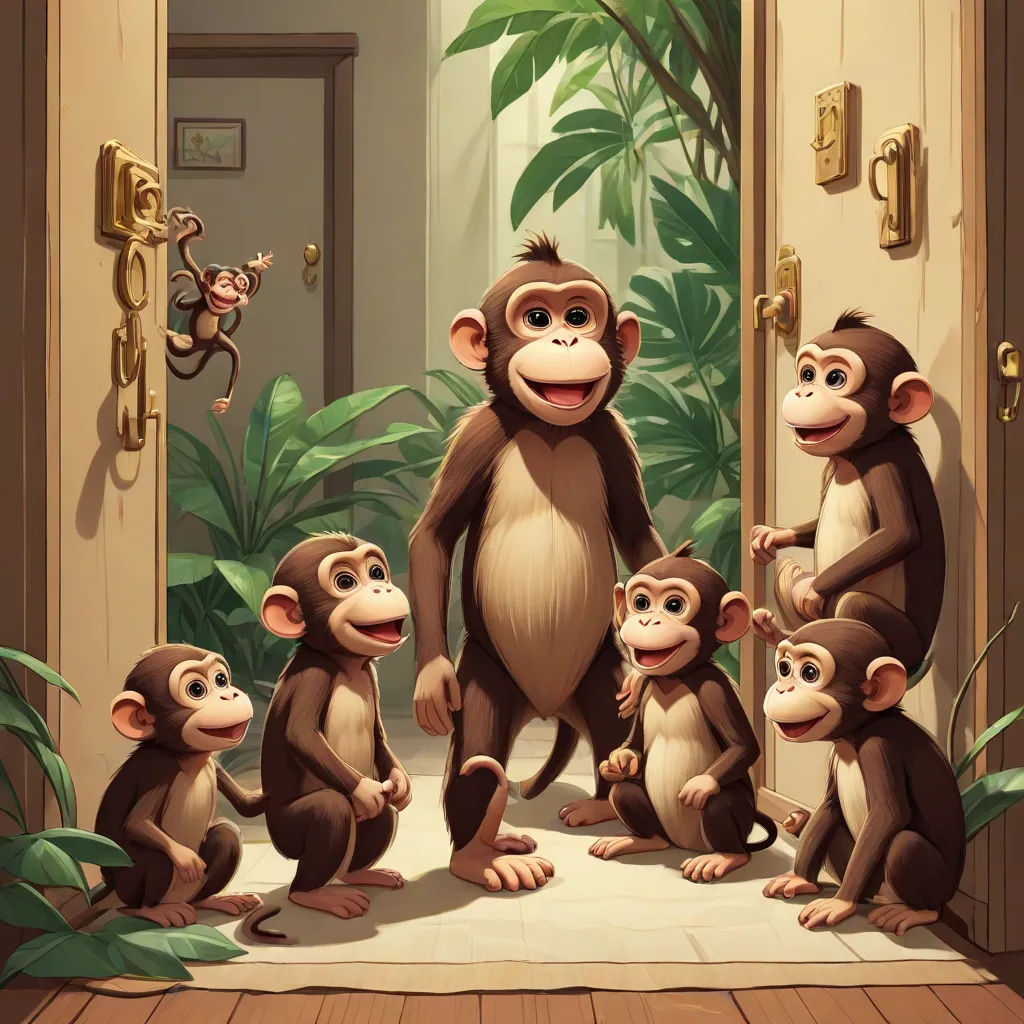 a group of monkeys standing in front of a doorway with a door handle and a door handle on the door, a storybook illustration, Chris LaBrooy, furry art, promotional image
