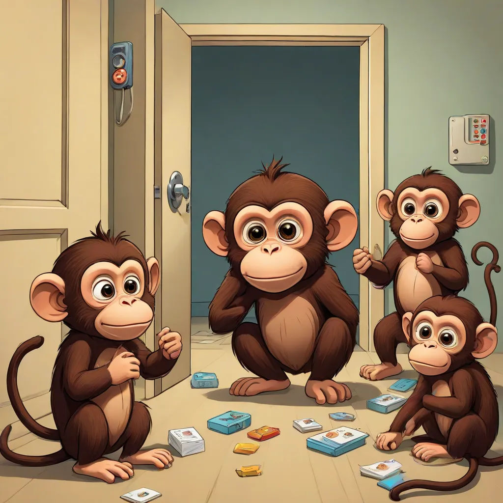 a group of monkeys playing with money in a room with a door and a door way in the background, a storybook illustration, David Teniers III, lyco art, 2 d game art