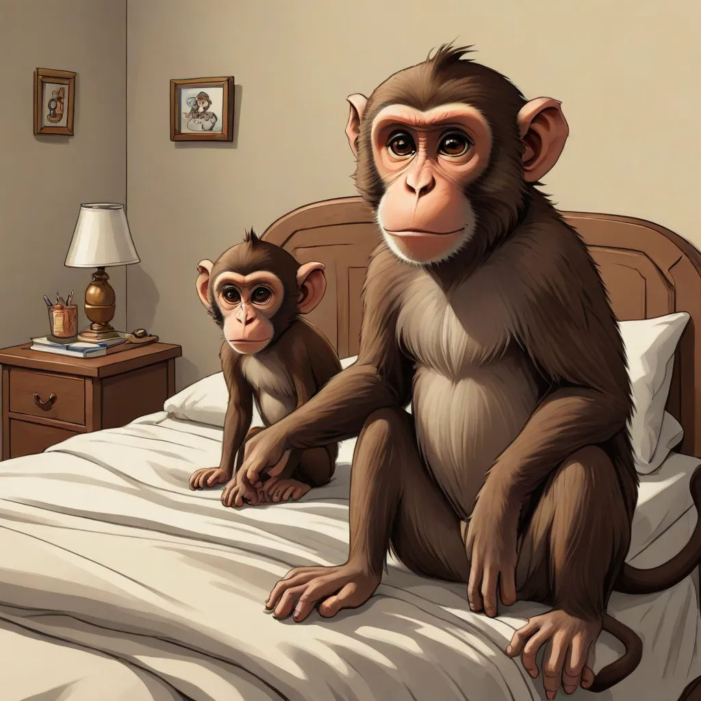 a monkey and a baby monkey sitting on a bed together in a bedroom with a lamp on the nightstand, a storybook illustration, F. Scott Hess, furry art, furaffinity