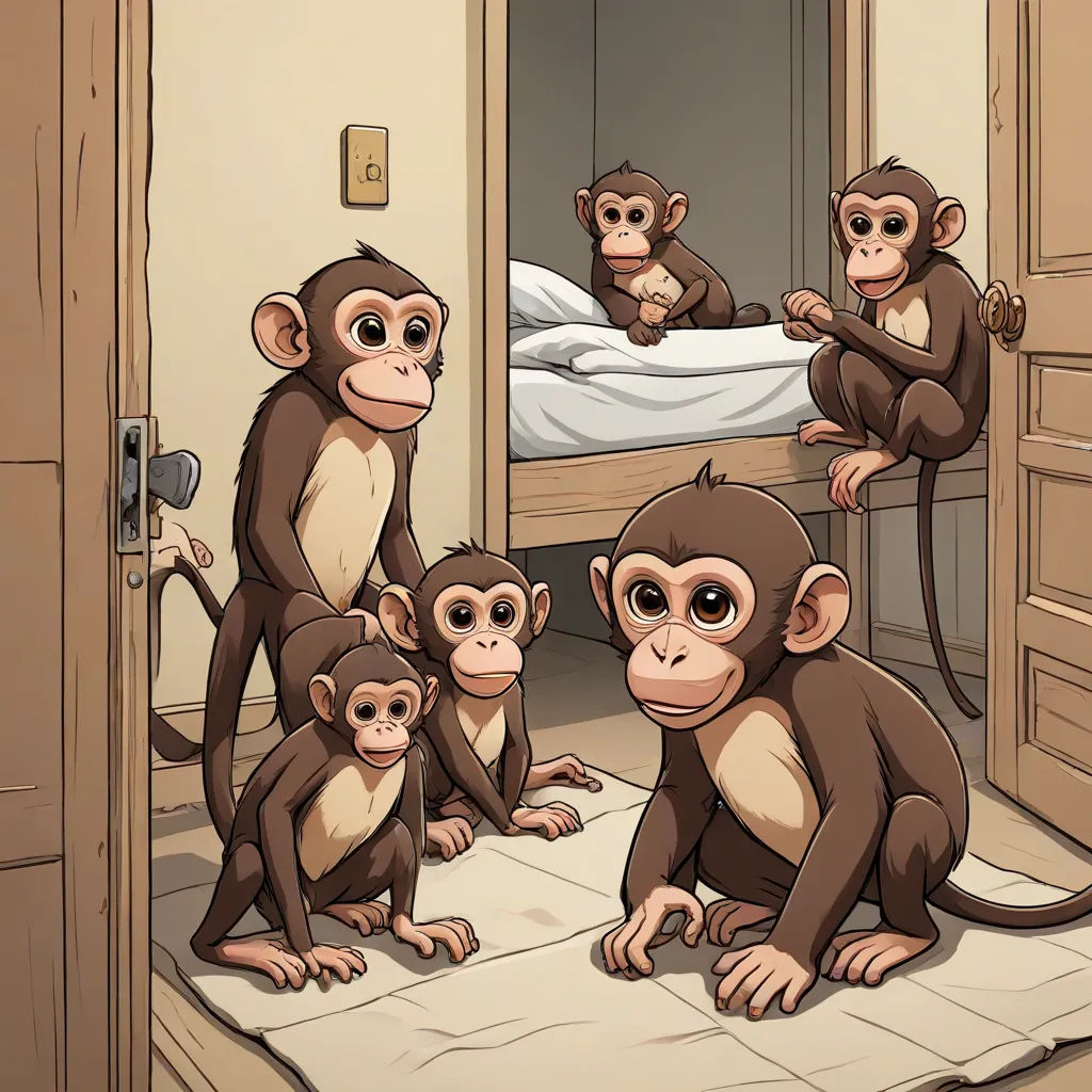 a group of monkeys sitting on a bed in a room with a bunk bed and a window in the background, a storybook illustration, Diego Gisbert Llorens, furry art, furaffinity