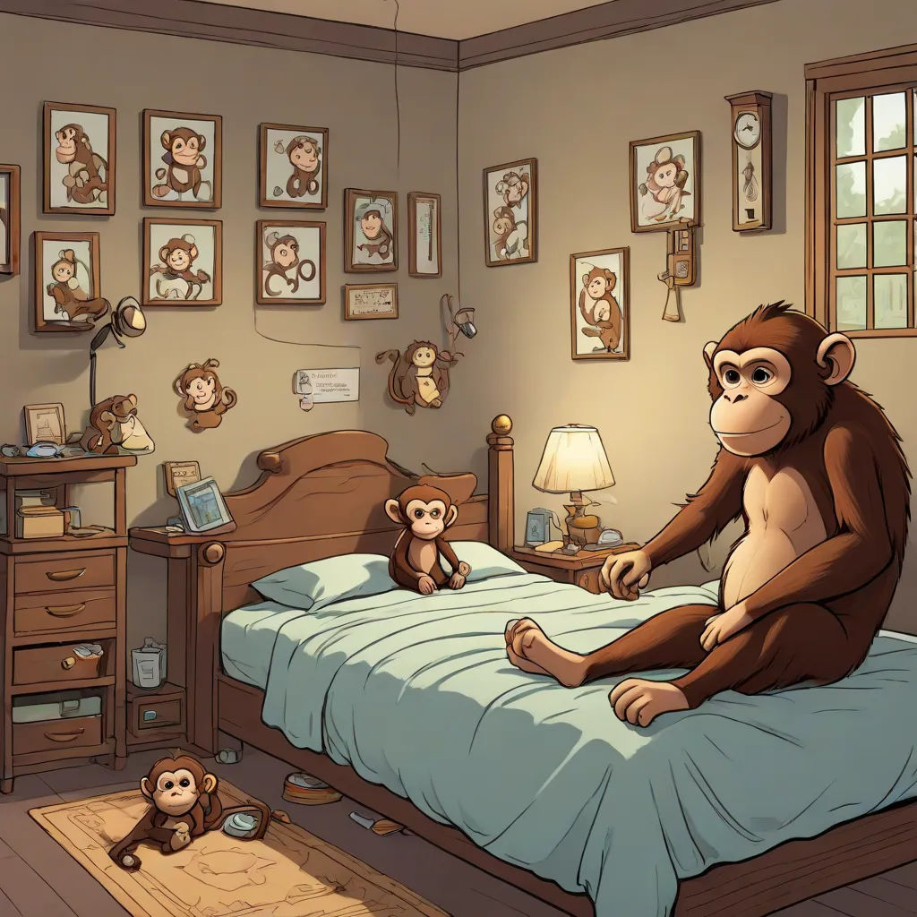 a monkey sitting on a bed with a monkey sitting on the bed in front of him and another monkey sitting on the bed, a storybook illustration, Chris LaBrooy, furry art, storybook illustration