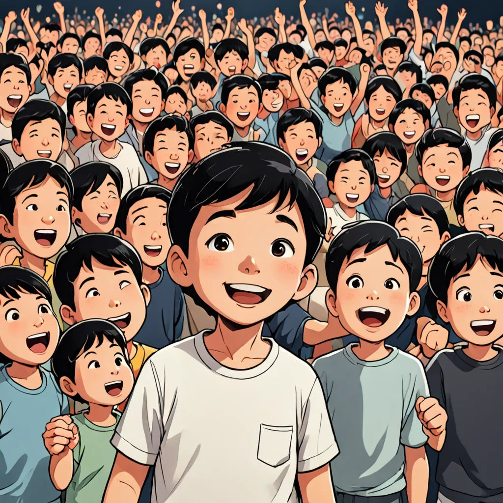 a crowd of people with a cartoon of a boy in front of them with his hands up in the air, assemblage, a comic book panel, Akira Toriyama, yukito kishiro