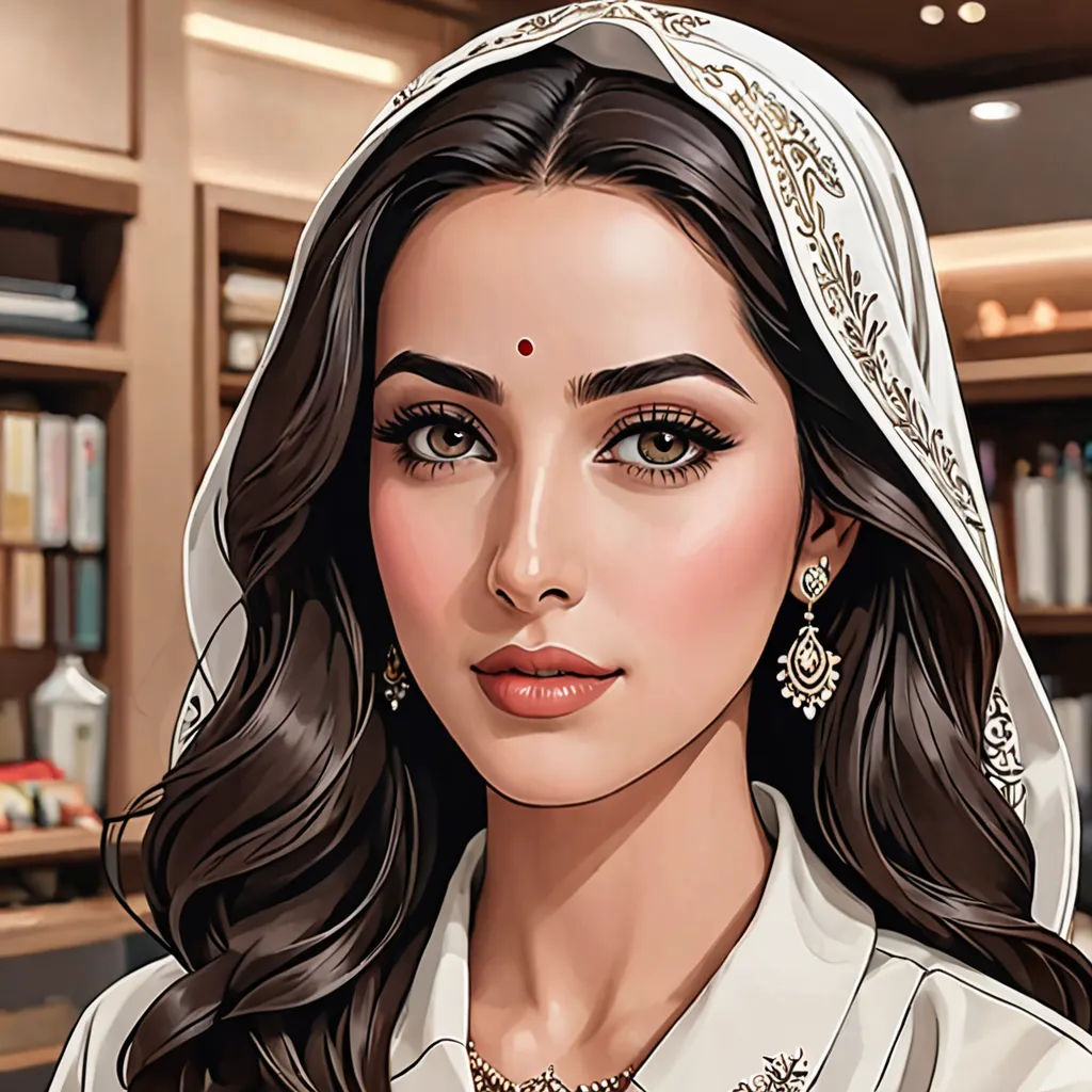 a woman in a white dress and a veil on her head with a bookcase in the background and a book case in the background, qajar art, a digital painting, Charlie Bowater, highly detailed digital painting