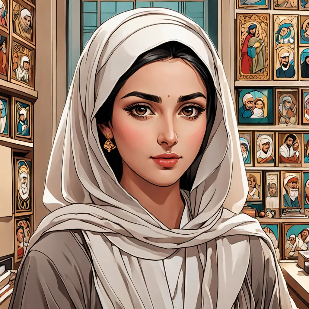 a woman in a white headscarf in a room full of pictures of women in religious outfits and religious icons, qajar art, a character portrait, Amir Zand, beautiful detailed