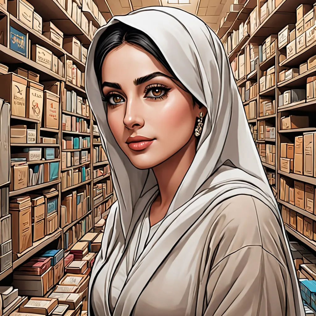 a woman in a white veil standing in a library with bookshelves and boxes on the shelves and a book case behind her, qajar art, a comic book panel, Artgerm, highly detailed digital painting