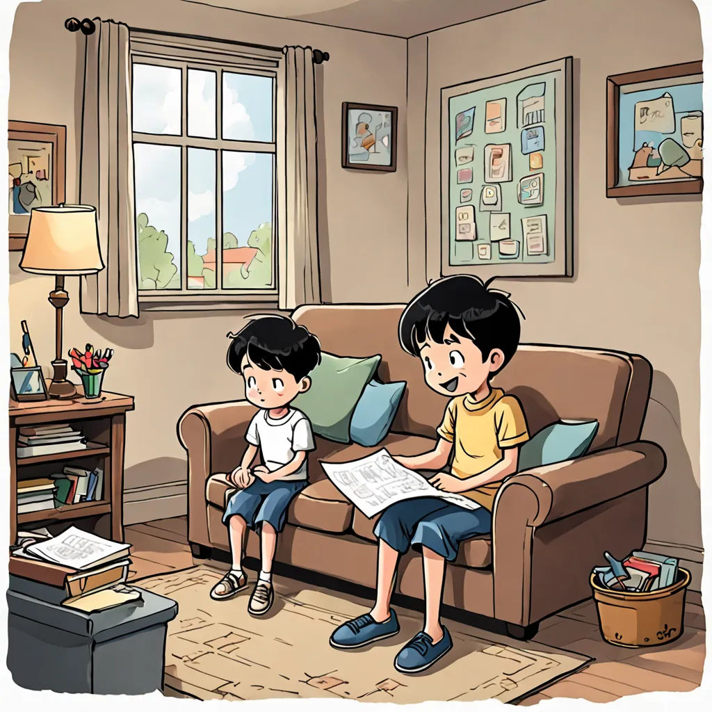 a boy and a girl sitting on a couch reading a book together in a living room with a window, art & language, a storybook illustration, Diego Gisbert Llorens, storybook illustration