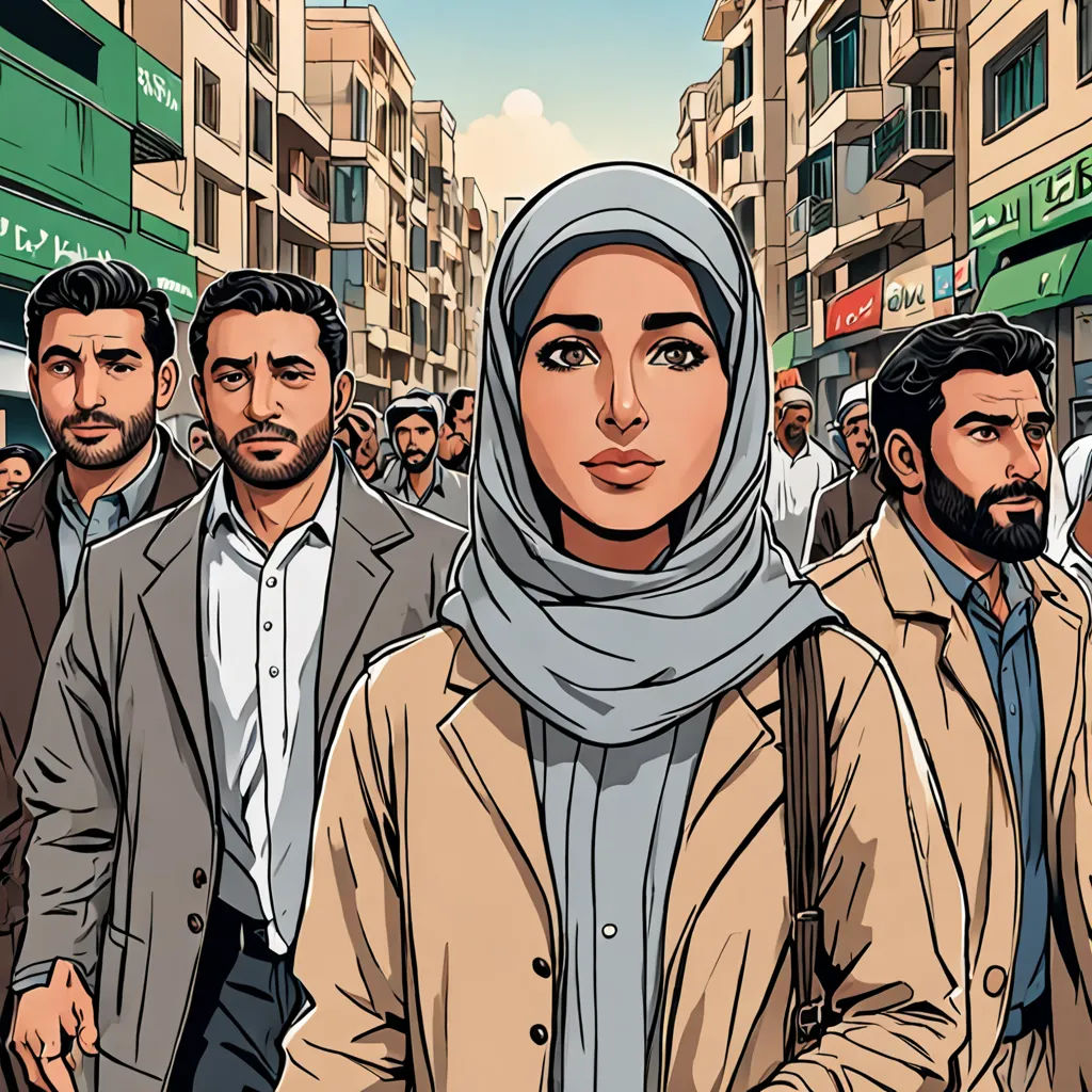 a woman in a headscarf is walking in a crowd of people in a city street with buildings, serial art, a comic book panel, Asaf Hanuka, graphic novel
