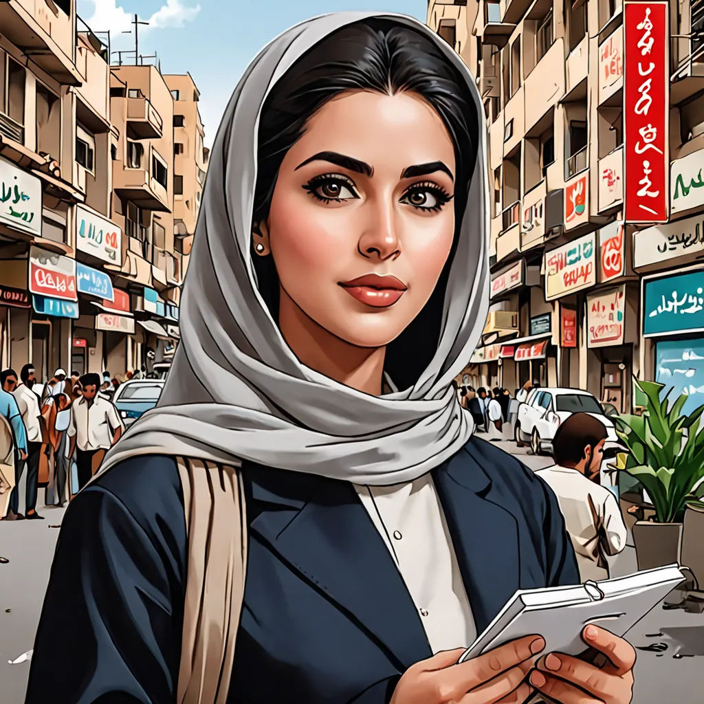 a woman in a headscarf is holding a tablet computer in a busy street in a city with people, serial art, a character portrait, Ambreen Butt, ultra realistic illustration
