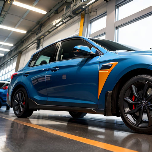 a blue car parked in a garage next to a window with a yellow stripe on it's side