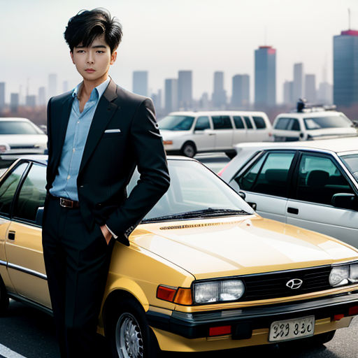 a man in a suit standing next to a yellow car in a parking lot with a city skyline in the background