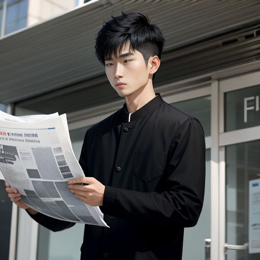 a man reading a newspaper outside of a building with a building in the background and a sign that says fifi
