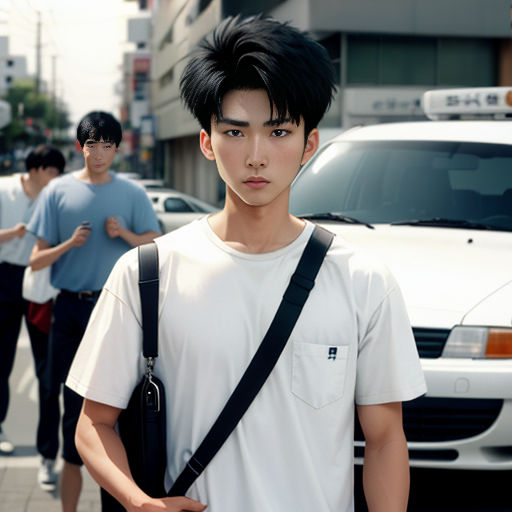 a man with a camera bag standing on a street corner with a group of people behind him and a car parked on the side of the road