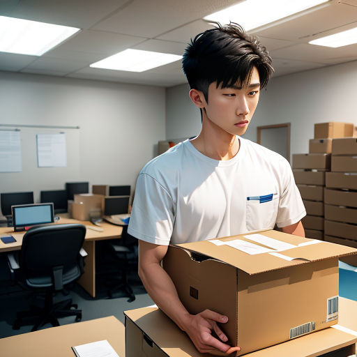 a man holding a box in an office cubicle with boxes on the desks and a computer on the desk