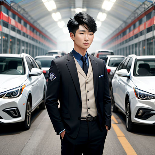 a man in a suit standing in front of a row of parked cars in a garage area with a red and white striped ceiling