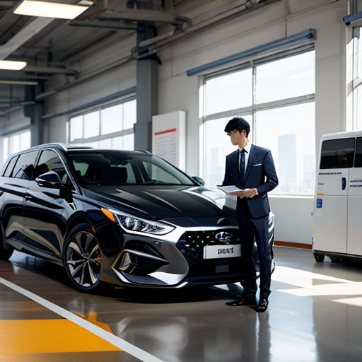 a man in a suit standing next to a car in a garage with a machine in the background and a van in the foreground