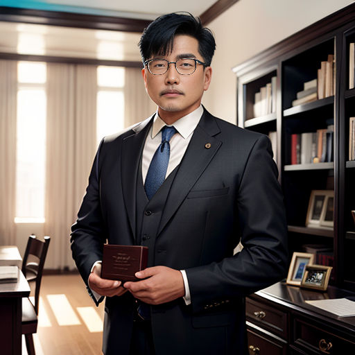a man in a suit and tie holding a book in his hands in a room with a desk and bookcase