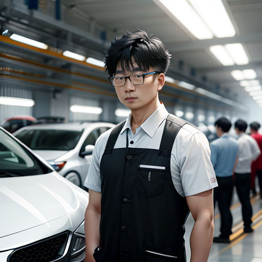 a man standing in front of a row of parked cars in a garage with other people standing around the car