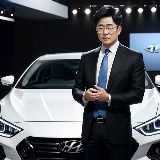 a man in a suit standing next to a white car on display at a showroom with a blue tie