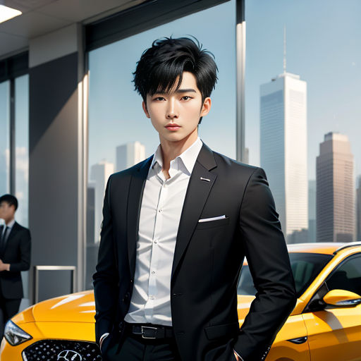 a man in a suit standing next to a yellow car in a room with windows and a cityscape