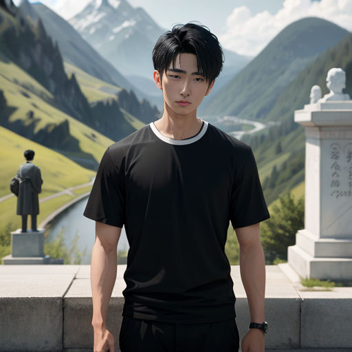 a man standing in front of a statue of a man in a black shirt and mountains in the background