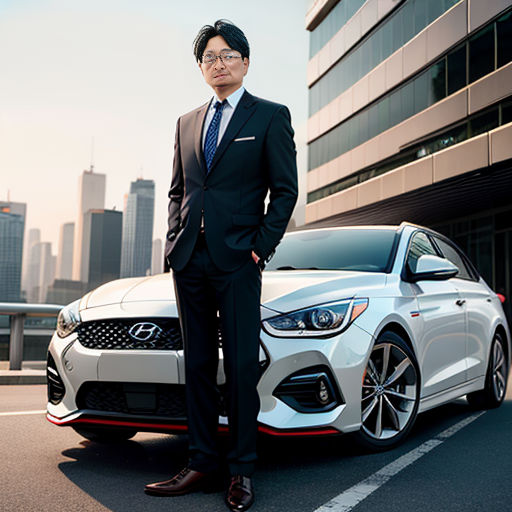 a man in a suit standing next to a white car in a parking lot with a city skyline in the background