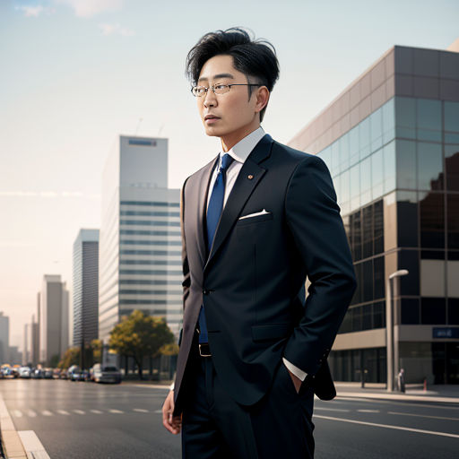 a man in a suit and tie standing on a street corner in front of a cityscape with tall buildings