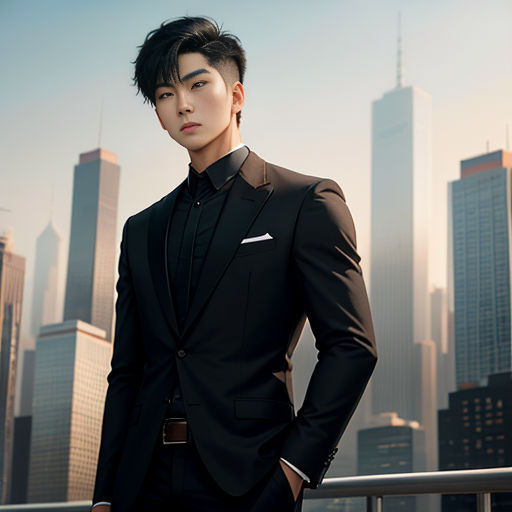 a man in a suit standing in front of a city skyline with skyscrapers in the background, wearing a black shirt and brown belt