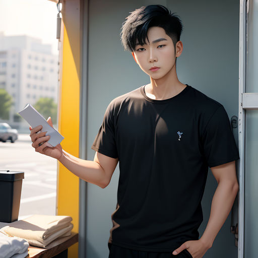 a man holding a piece of paper in his hand while standing next to a building with a yellow door