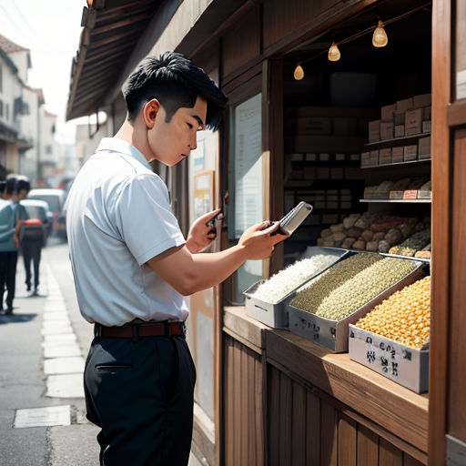 a man standing in front of a store looking at a cell phone while holding a box of corn in his hand