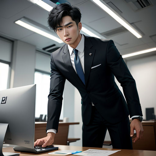 a man in a suit is using a computer keyboard and mouse in an office setting with a desk and chairs